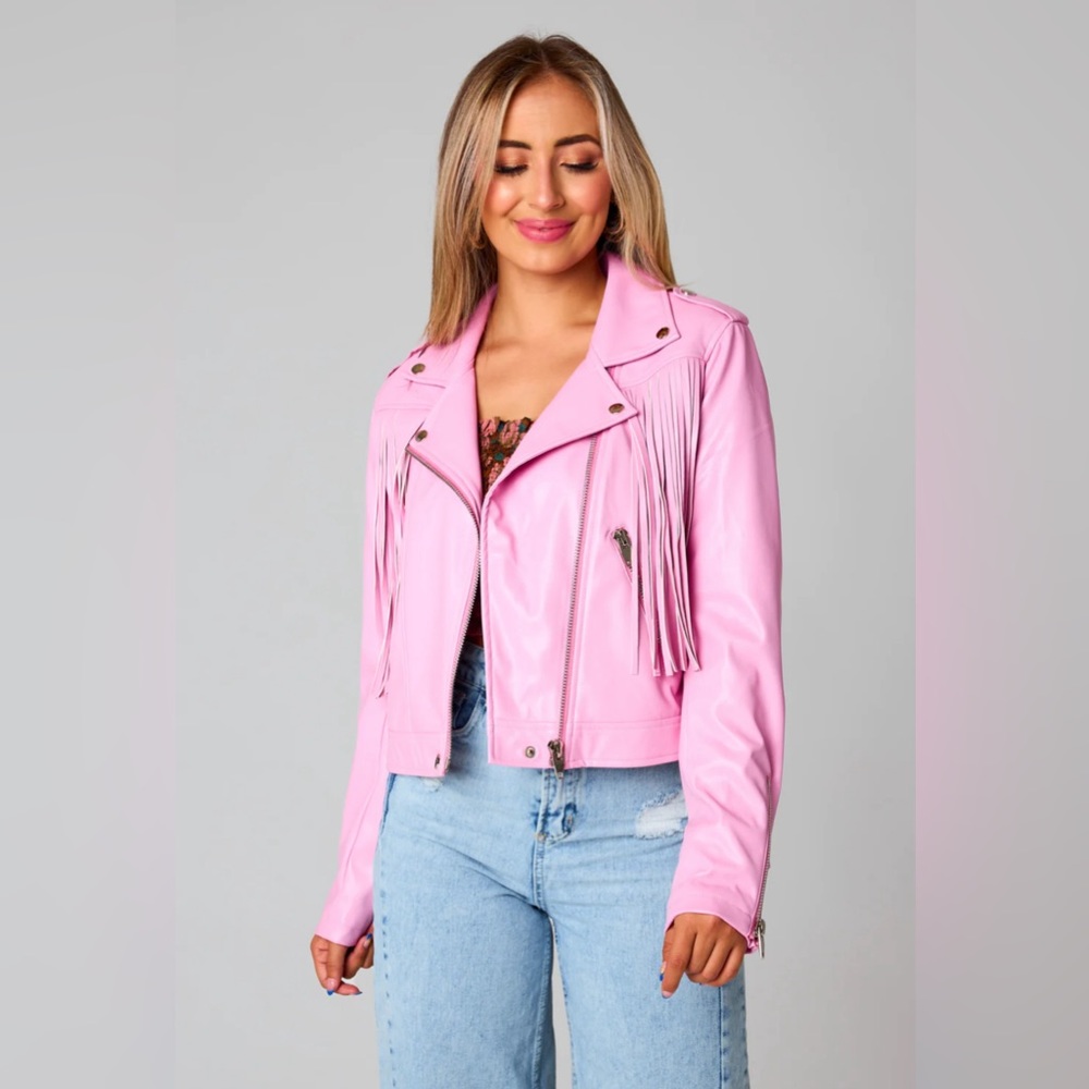 Francesca Fringe Vegan Leather Jacket- Gumdrop Pink